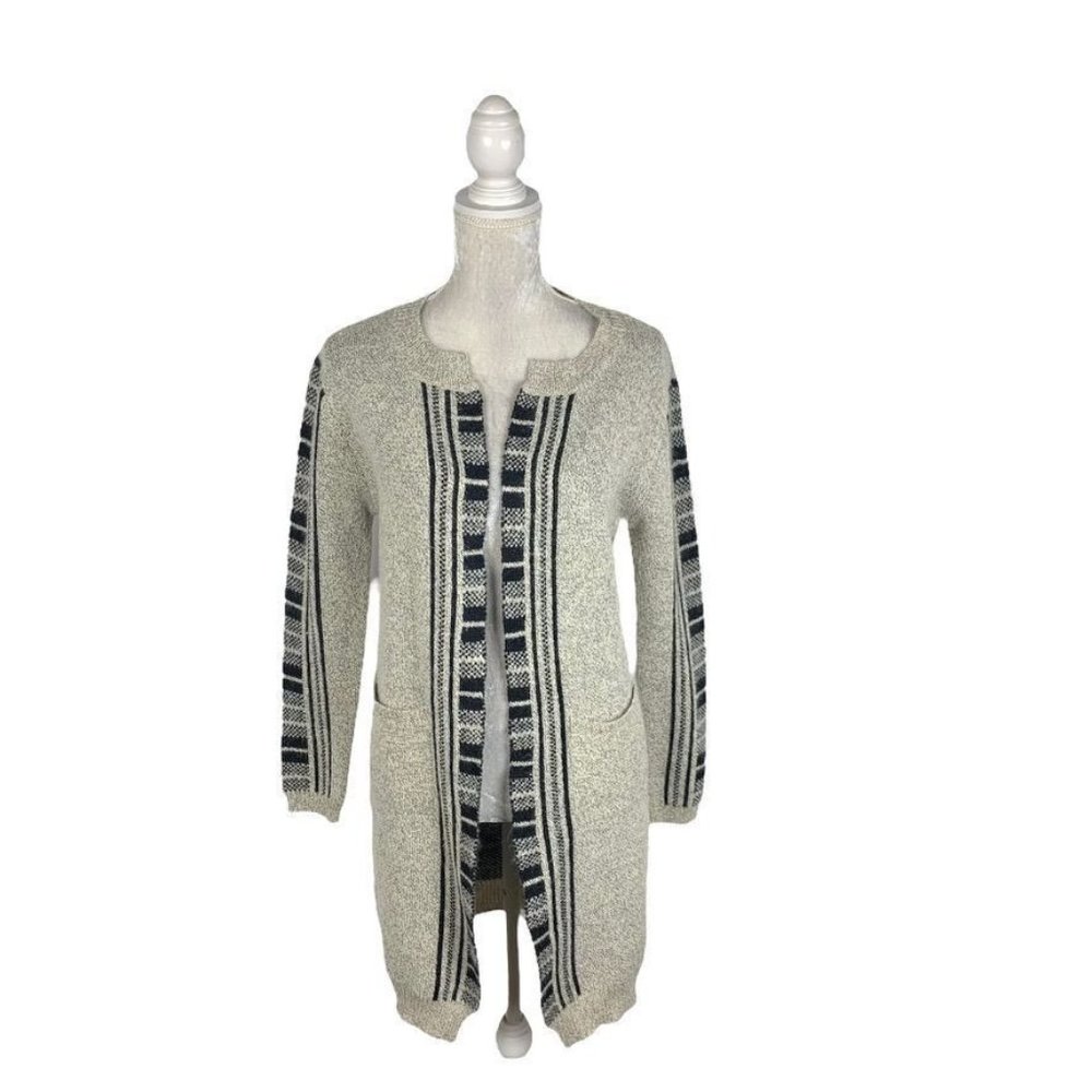 Mia Maddison Long Cardigan Sweater Duster Grey Black Fuzzy Open Front M